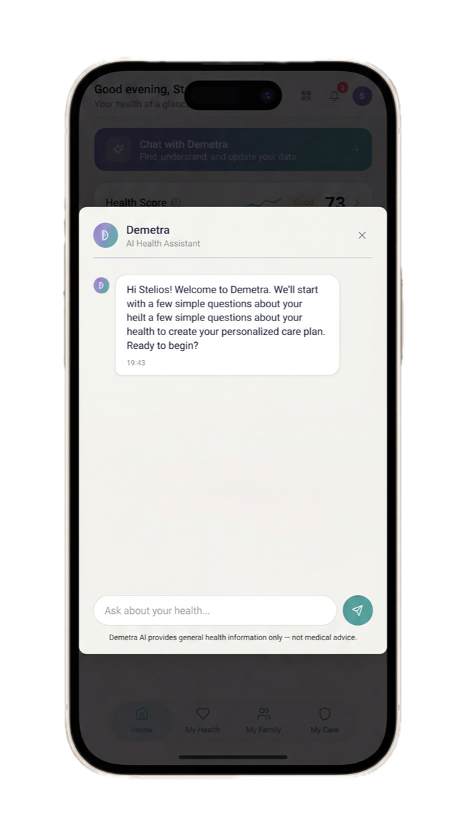 Demetra app showing multiple ways to add health data including chat, PDF upload, Apple Health, and wearables