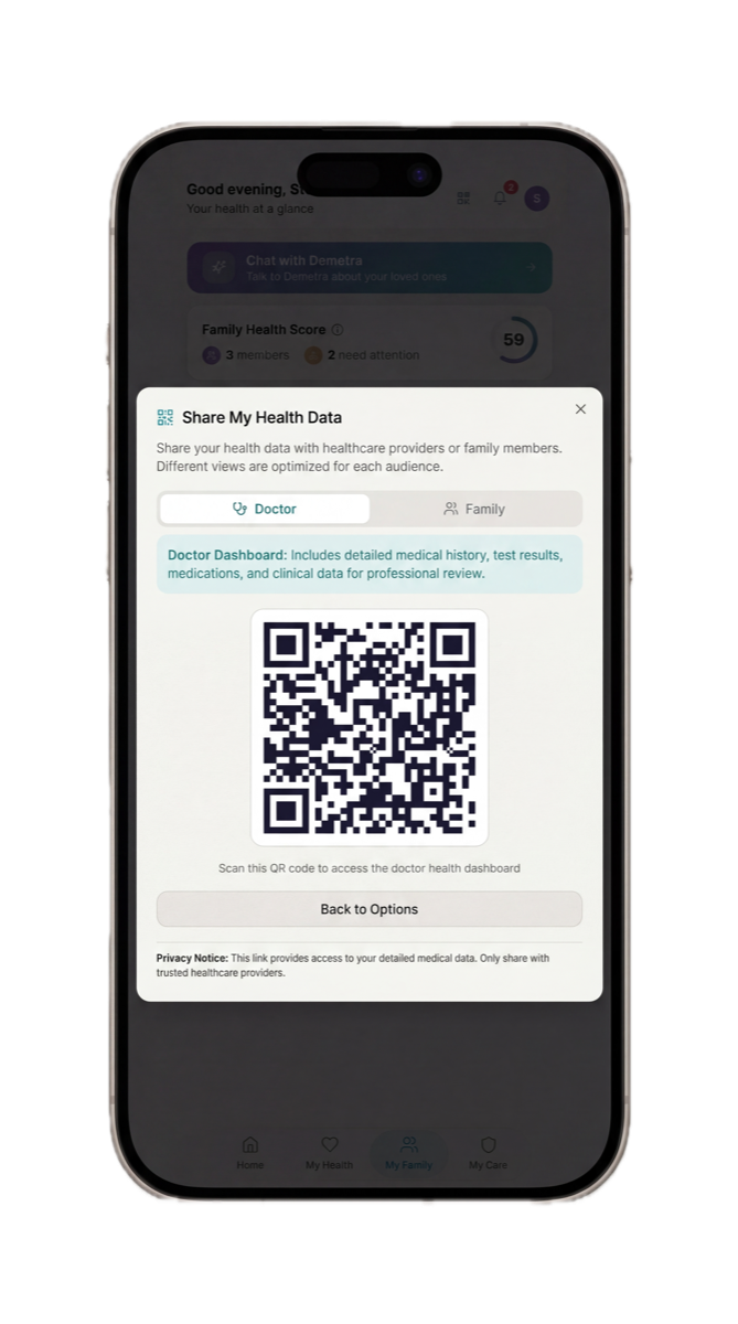 Demetra QR code feature letting patients share clinical health data with their doctor instantly